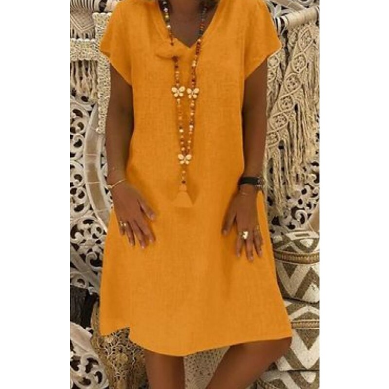 flowersverse Women's Casual Dress T Shirt Dress Tee Dress Shift Dress Midi Dress Black Yellow Pink Short Sleeve Pure Color Patchwork Spring Summer V Neck Basic Daily Vacation Summer Dress Loose Fit S M L XL