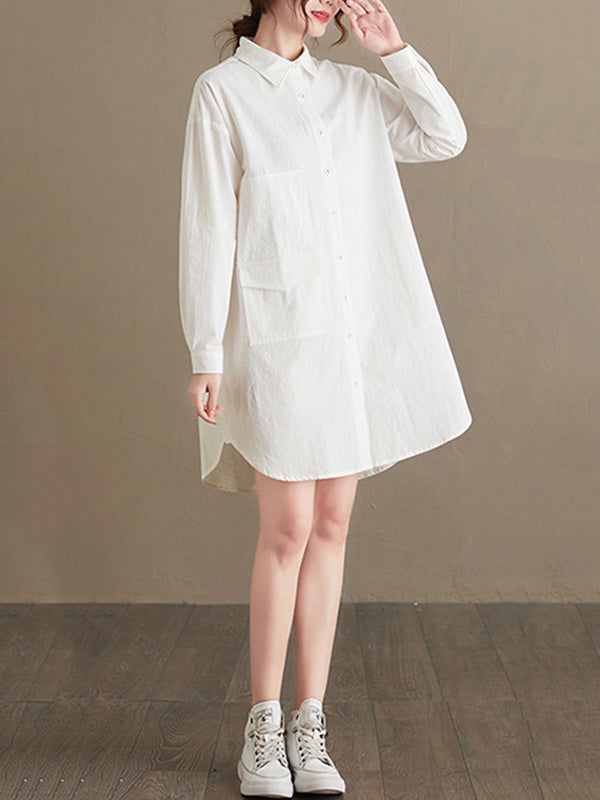 flowersverse Simple Solid Buttoned Lapel Collar Long Sleeves Blouse