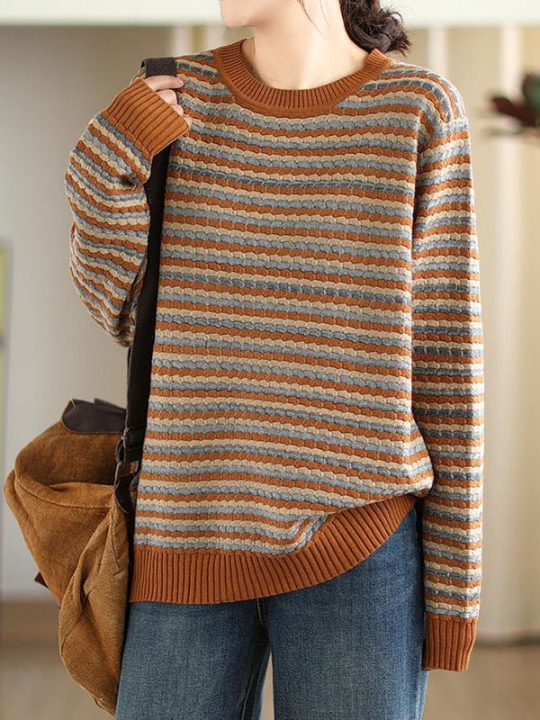 flowersverse Contrast Color Jacquard Velvet Long Sleeves Loose Round-Neck Sweater Tops Pullovers