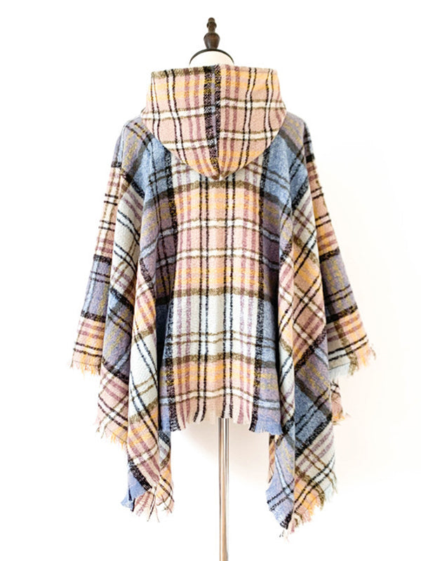 flowersverse Fringed Hooded Keep Warm Plaid Shawl&Cloak Cape