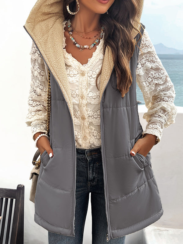 flowersverse Loose Sleeveless Pockets Quilted Reversible Zipper Hooded Padded Vest Vest Outerwear
