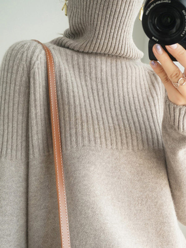 flowersverse Casual Long Sleeves Loose Solid Color High-Neck Sweater Tops