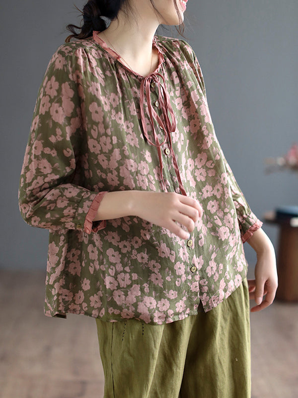 flowersverse Floral Printed Lace-Up Long Sleeves Loose Round-Neck Blouses&Shirts Tops
