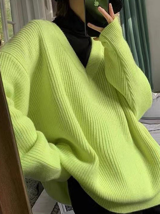 flowersverse Simple Long Sleeves Loose Solid Color V-Neck Sweater Tops