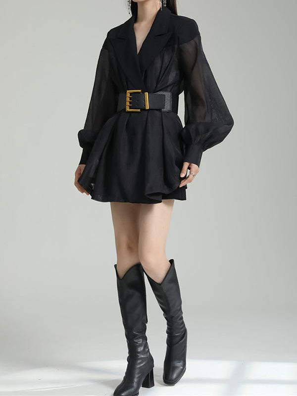 flowersverse See-Through Split-Joint Tied Waist Loose Puff Sleeves Lapel Blouses&Shirts Tops
