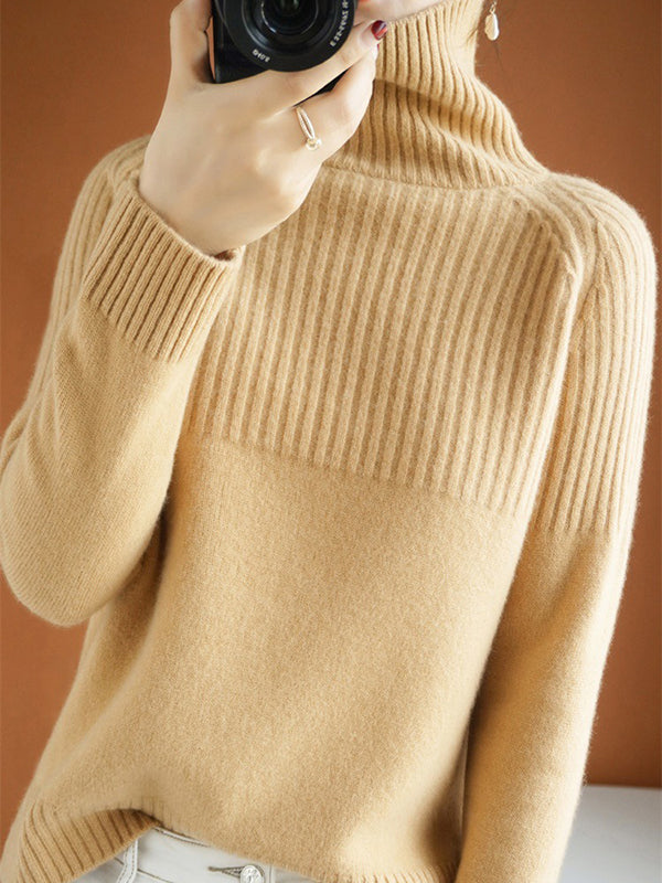 flowersverse Casual Long Sleeves Loose Solid Color High-Neck Sweater Tops