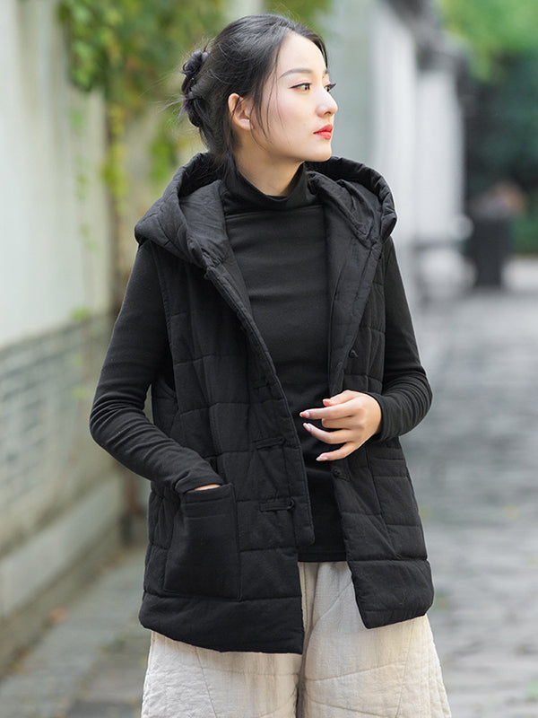 flowersverse Simple Sleeveless Loose Keep Warm Cotton Quilted Solid Color Hooded Vest Outerwear