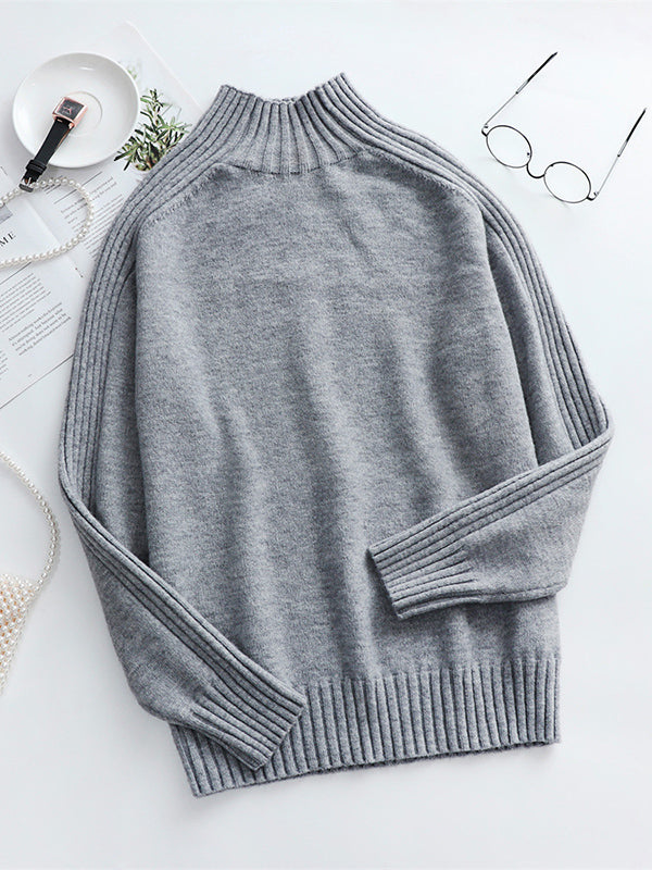 flowersverse Stylish Long Sleeves Loose Solid Color High-Neck Sweater Tops