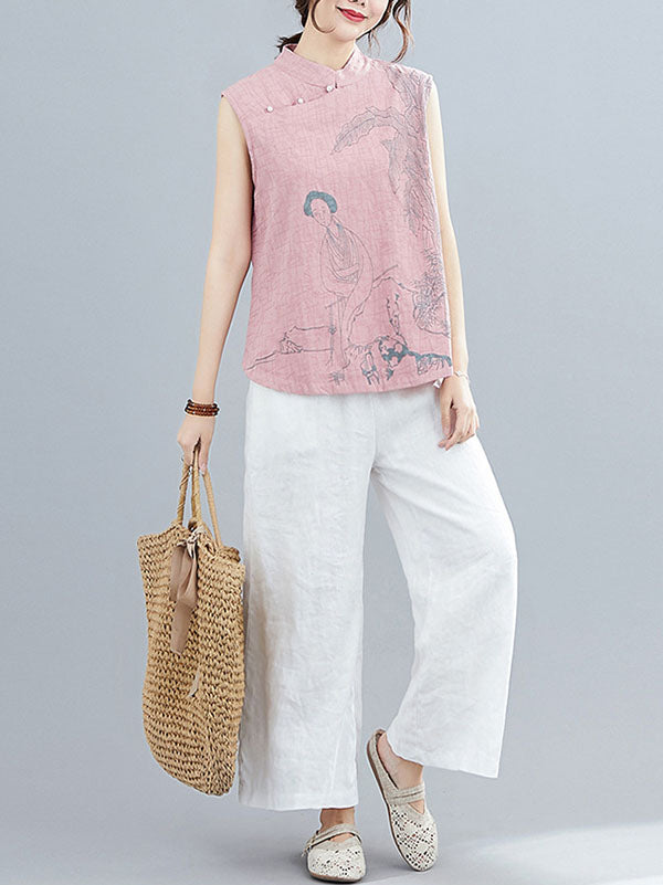 flowersverse Artistic Retro Chinese-Style Printed Buttoned Stand Collar Sleeveless Vest
