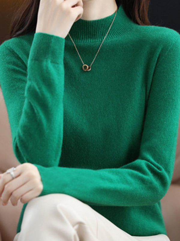 flowersverse Office Long Sleeves Solid Color High-Neck Sweater Tops Pullovers