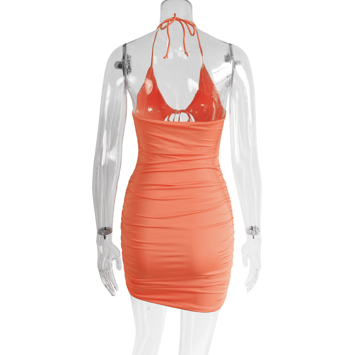 flowersverse Sexy V-neck Halter Neck Sleeveless Hollow Pleated Bodycon Tie Dress