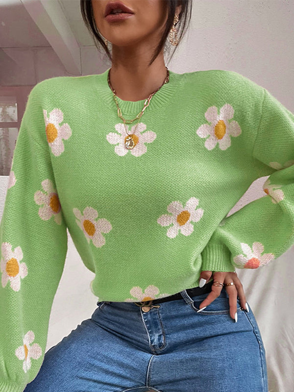 flowersverse Contrast Color Floral Printed Split-Joint Long Sleeves Loose Round-Neck Sweater Tops