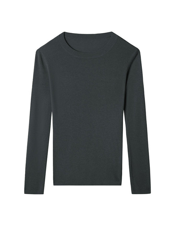 flowersverse Solid Color Long Sleeves Skinny Round-Neck Sweater Tops Pullovers Knitwear