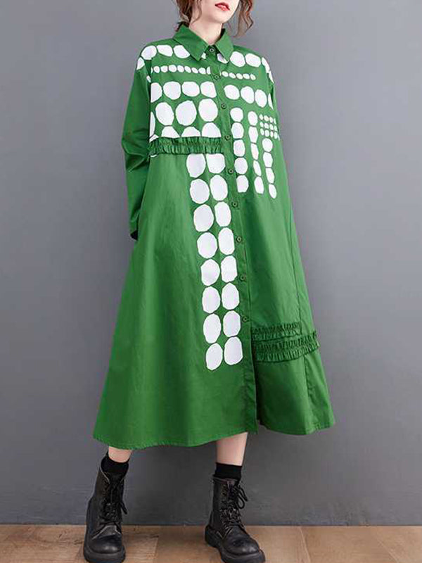flowersverse A-Line Long Sleeves Asymmetric Buttoned Polka-Dot Lapel Midi Dresses