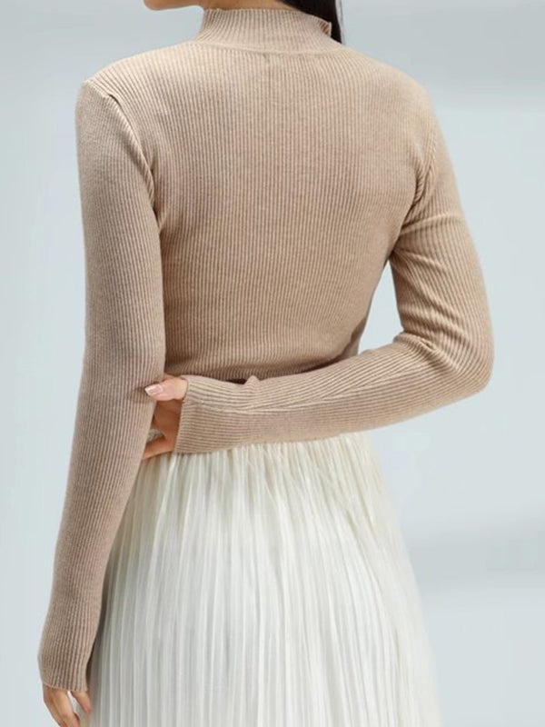 flowersverse Solid Color Long Sleeves Skinny Mock Neck Sweater Tops Pullovers Knitwear