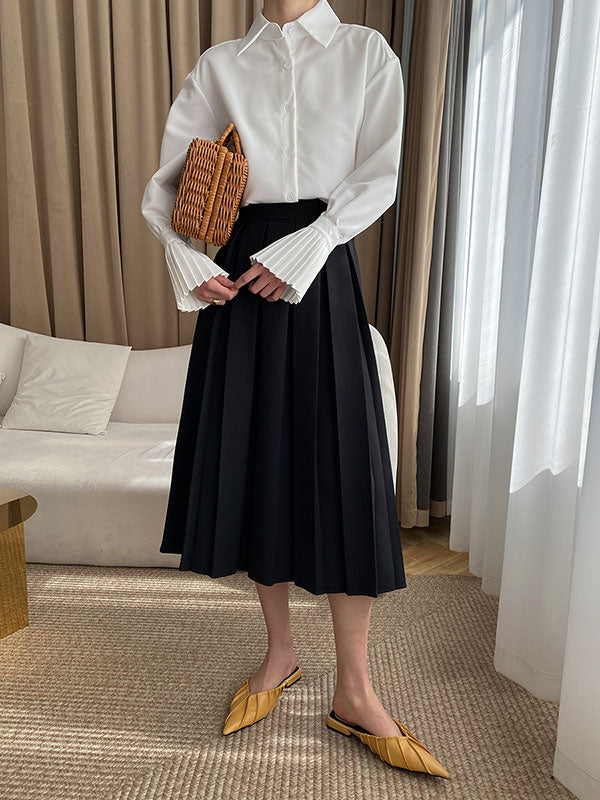 flowersverse Solid Color Flared Sleeves Lapel Blouses&Shirts Tops