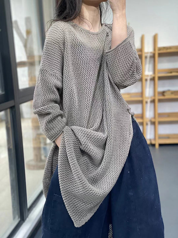 flowersverse Asymmetric Hollow Split-side Long Sleeves Loose Round-neck Sweater Tops