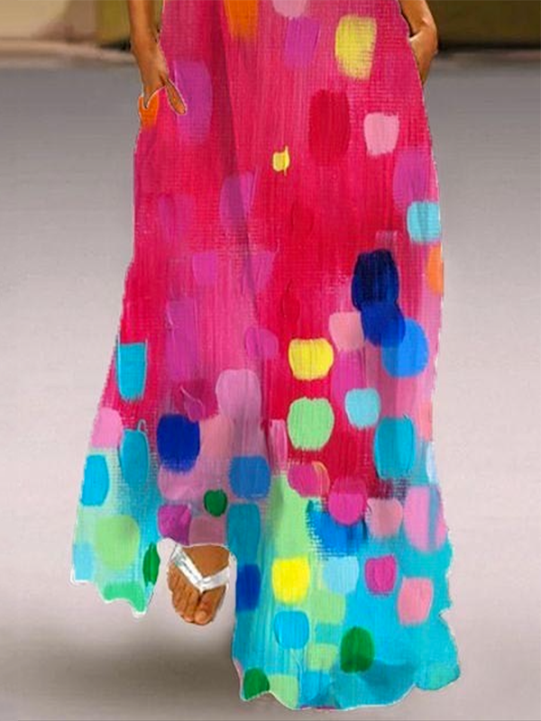 flowersverse Loose Sleeveless Contrast Color Printed V-Neck Maxi Dresses