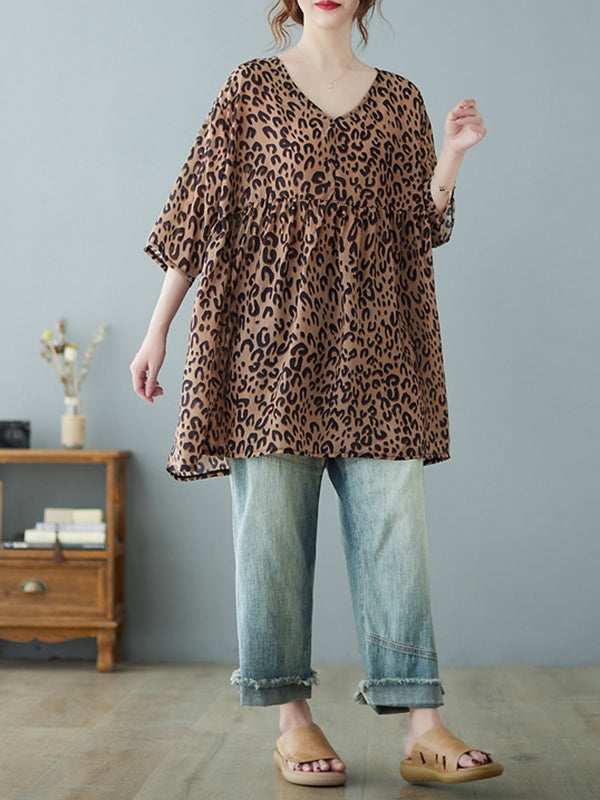 flowersverse Leopard Half Sleeves Loose V-neck T-Shirts Tops Blouses&shirts Tops
