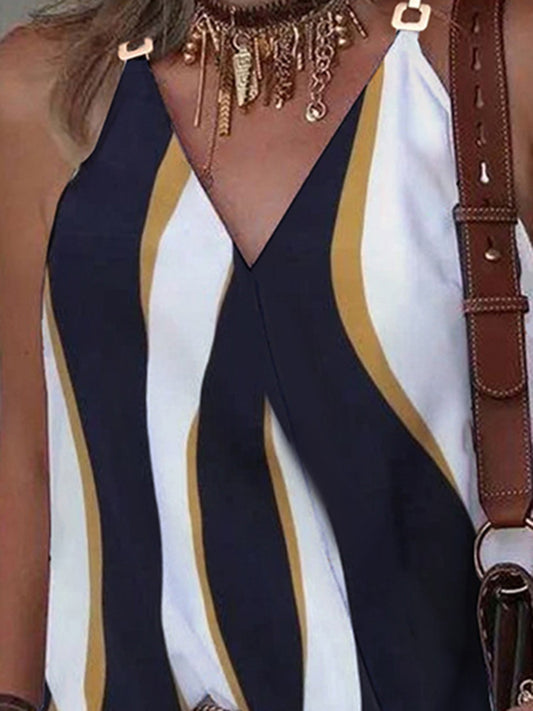 flowersverse Split-Joint Striped Sleeveless V-Neck Vest Top