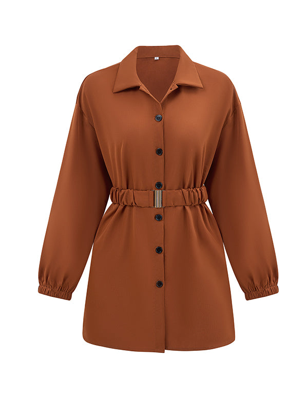 flowersverse Belted Solid Color Loose Lapel Shirts Tops Blouses&shirts Tops