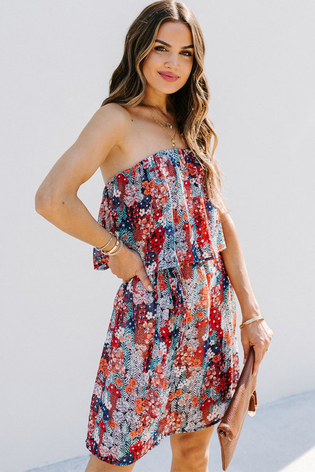 flowersverse Red Floral Print Tiered Ruffled Bandeau Mini Dress