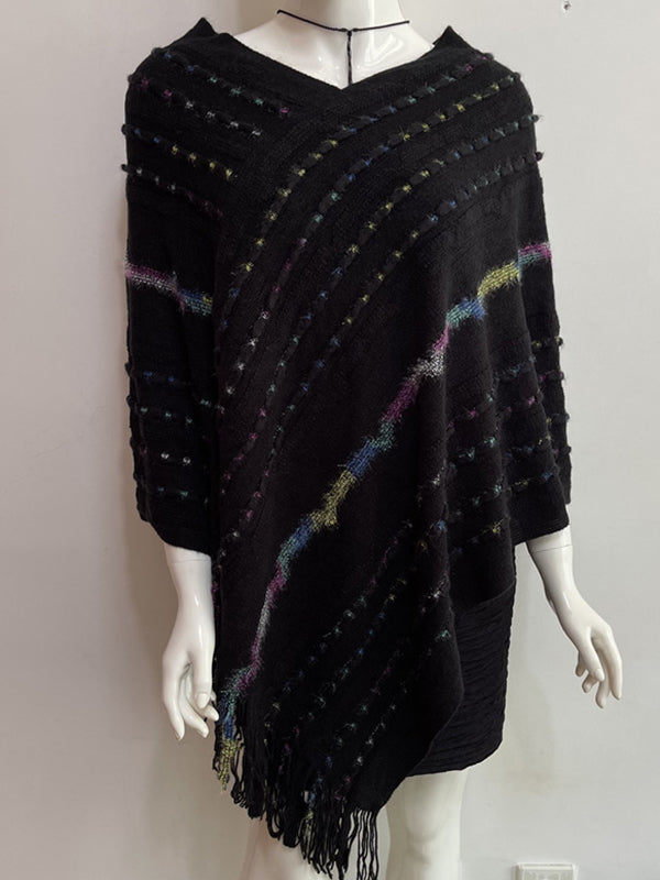 flowersverse Asymmetric Contrast Color Tasseled Loose V-Neck Shawl&Cloak Cape