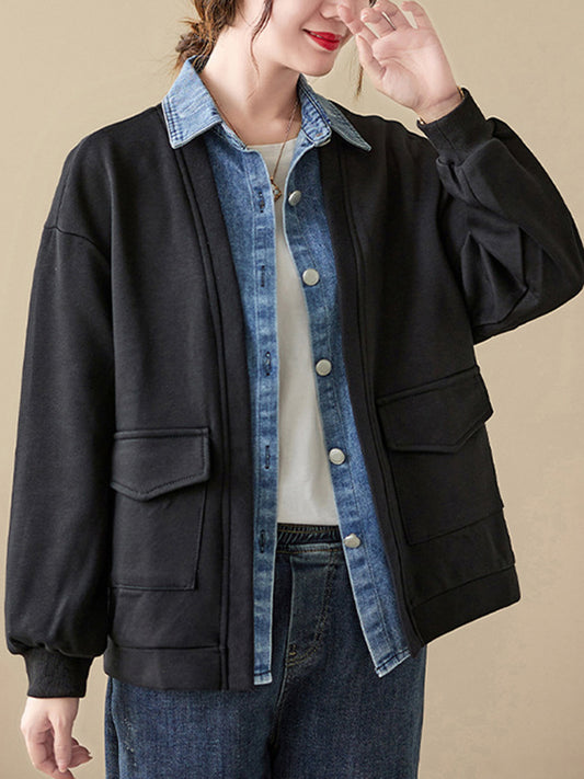 flowersverse Casual False Two Loose Buttoned Contrast Color Split-Joint Lapel Collar Outerwear