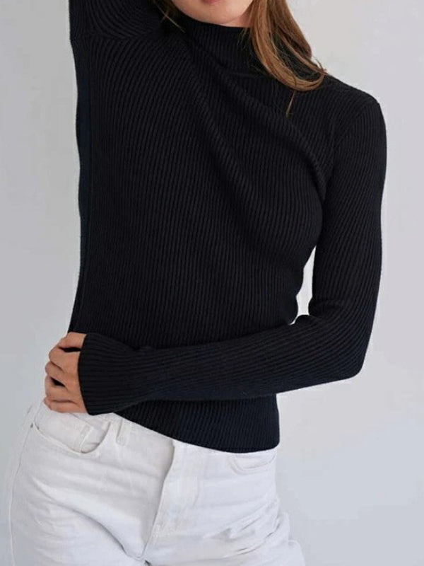 flowersverse Solid Color Split-Joint Long Sleeves Skinny High Neck Sweater Tops