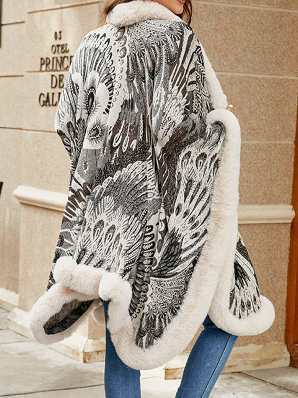 flowersverse Jacquard Keep Warm Velvet Long Sleeves Loose Collarless Shawl Cape