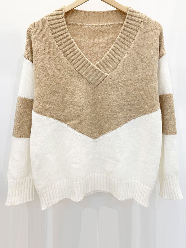 flowersverse Casual Long Sleeves Loose Contrast Color V-Neck Sweater Tops