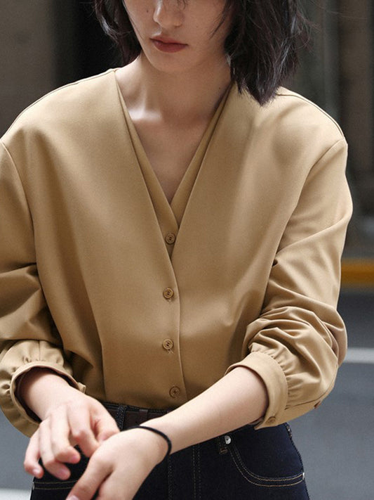 flowersverse Buttoned Solid Color False Two Long Sleeves V-Neck Blouses&Shirts Tops