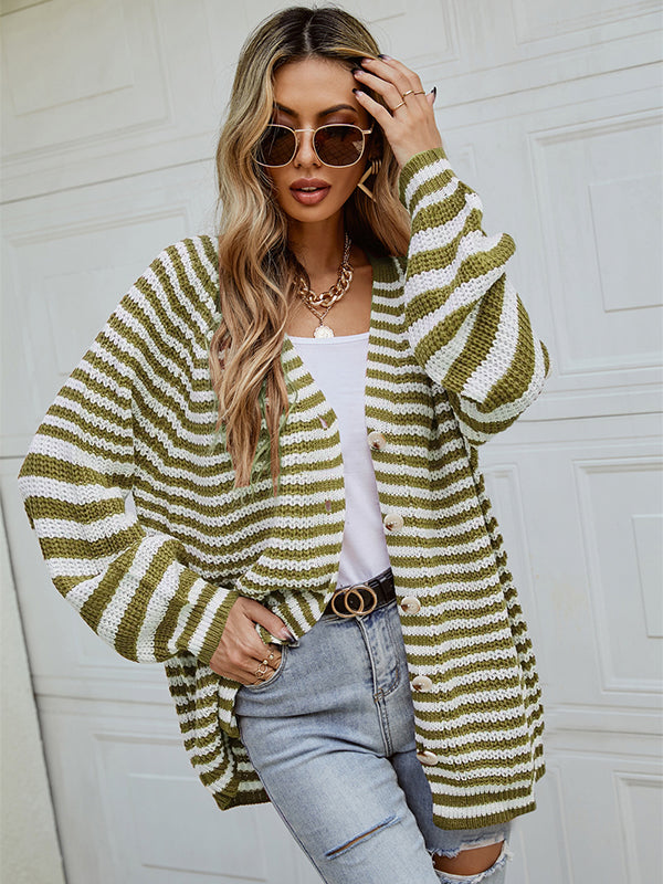 flowersverse Casual Loose Long Sleeves Striped V-Neck Cardigan Tops