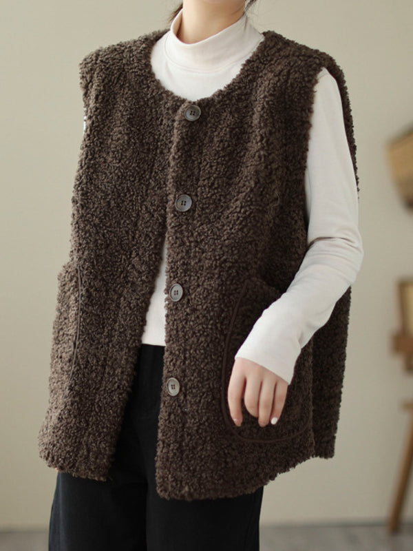 flowersverse Buttoned Pockets Loose Sleeveless Round-Neck Vest Outerwear