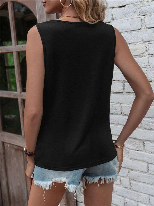 flowersverse Hollow Knot Pleated Solid Color Sleeveless Round-Neck Vest Top