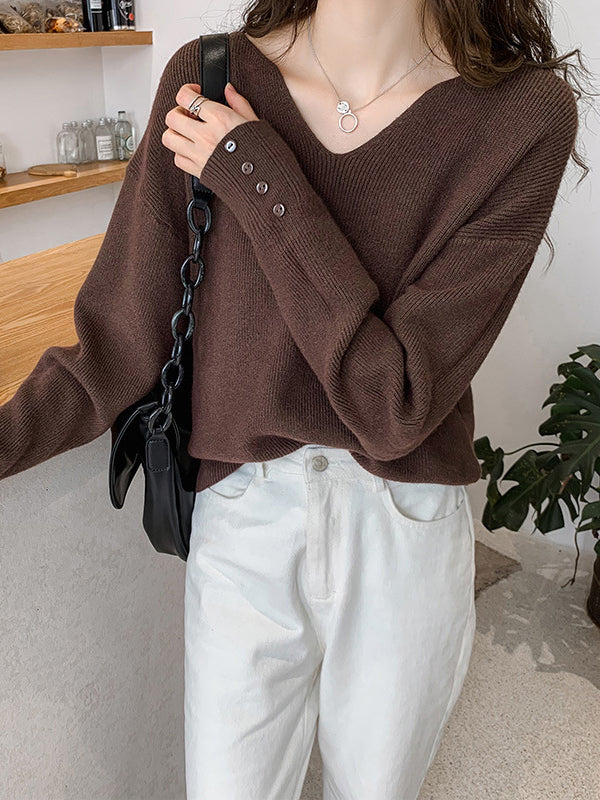 flowersverse Casual Loose Long Sleeves Solid Color V-Neck Sweater Tops