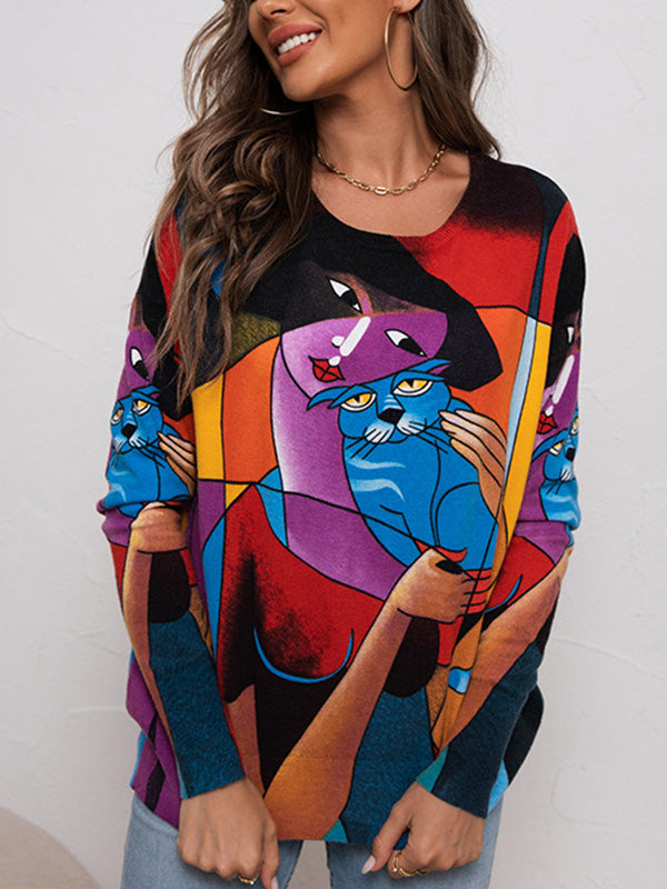 flowersverse Animal Printed Figure Long Sleeves Loose Round-Neck Sweater Tops Pullovers Knitwear