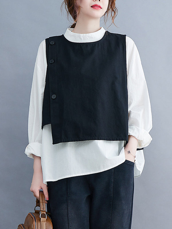 flowersverse Original Stand Collar Long Sleeves T-Shirt Top&Buttoned Vest Outwear 2 Pieces Set
