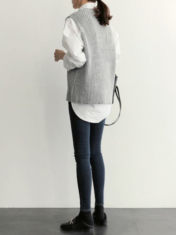 flowersverse Casual Sleeveless Loose Solid Color V-Neck Vest Outerwear