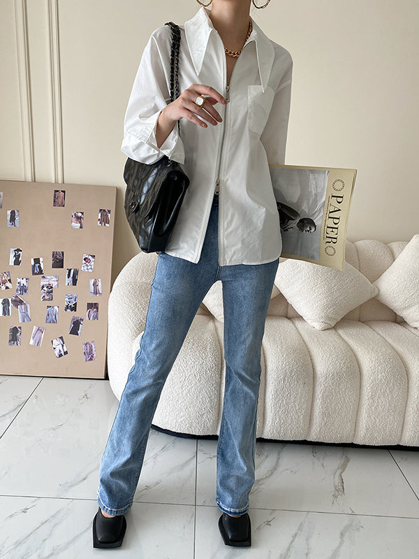 flowersverse Fashion Long Sleeves Solid Color Zipper Lapel Collar Blouses