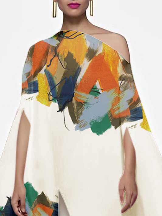 flowersverse Batwing Sleeves Half Sleeves Abstract Printed Contrast Color Printed One-Shoulder Blouses&Shirts Tops