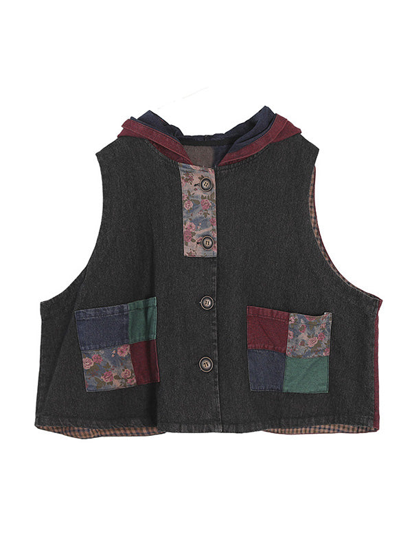 flowersverse Artistic Retro Loose Denim Sleeveless Buttoned Contrast Color Hooded Vest Outerwear