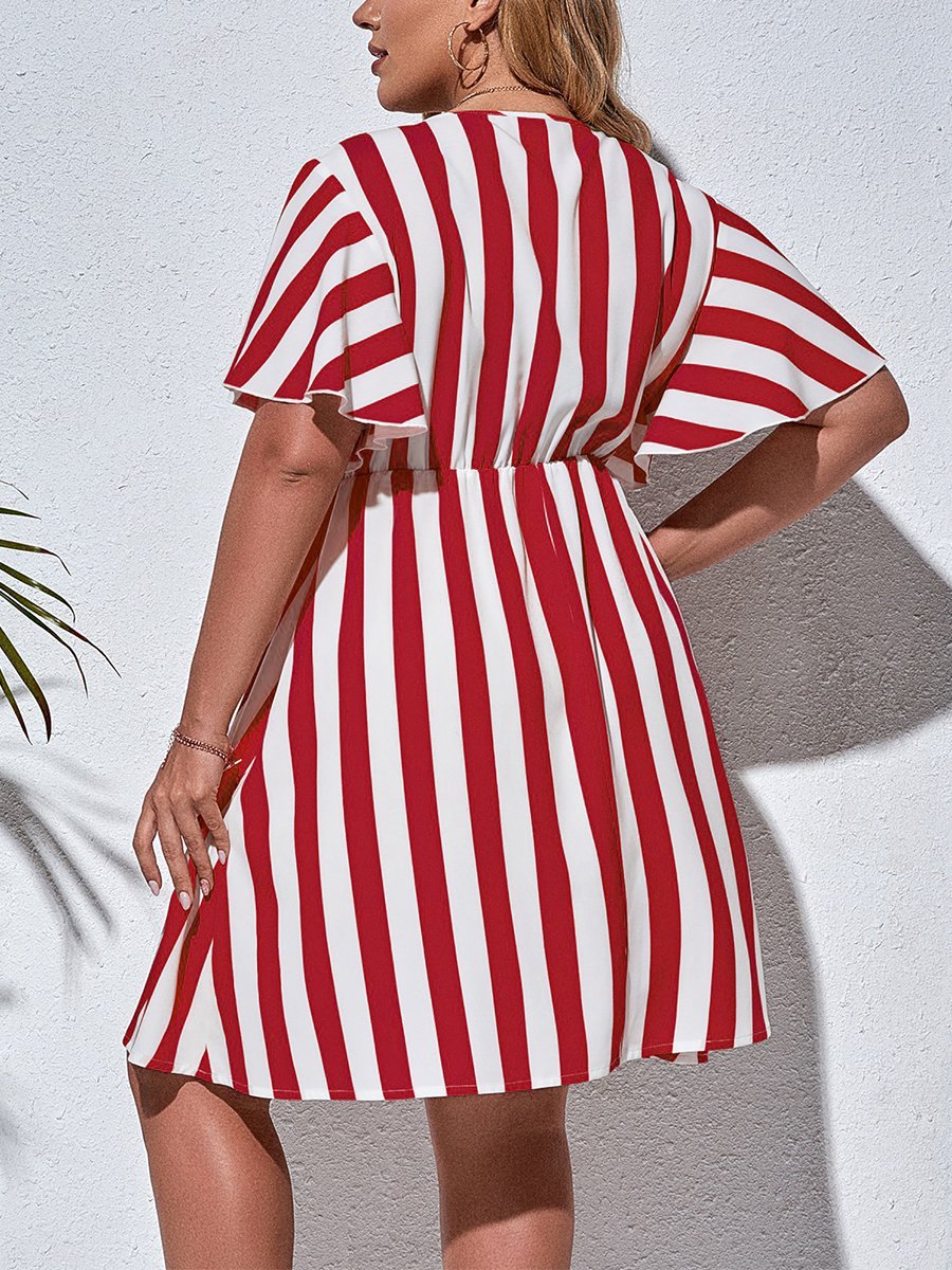 flowersverse Holiday Short Sleeve V Neck A-line Weaving Dress