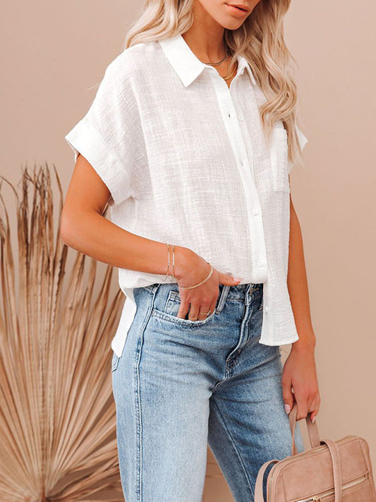 flowersverse Pleated Loose Short Sleeves Lapel Blouses&Shirts Tops