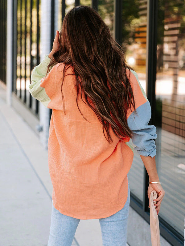 flowersverse Casual Long Sleeves Contrast Color Split-Joint Lapel Blouses