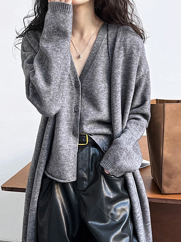 flowersverse Buttoned Solid Color Long Sleeves Loose V-Neck Knit Vest + Cardigan Two Pieces Set