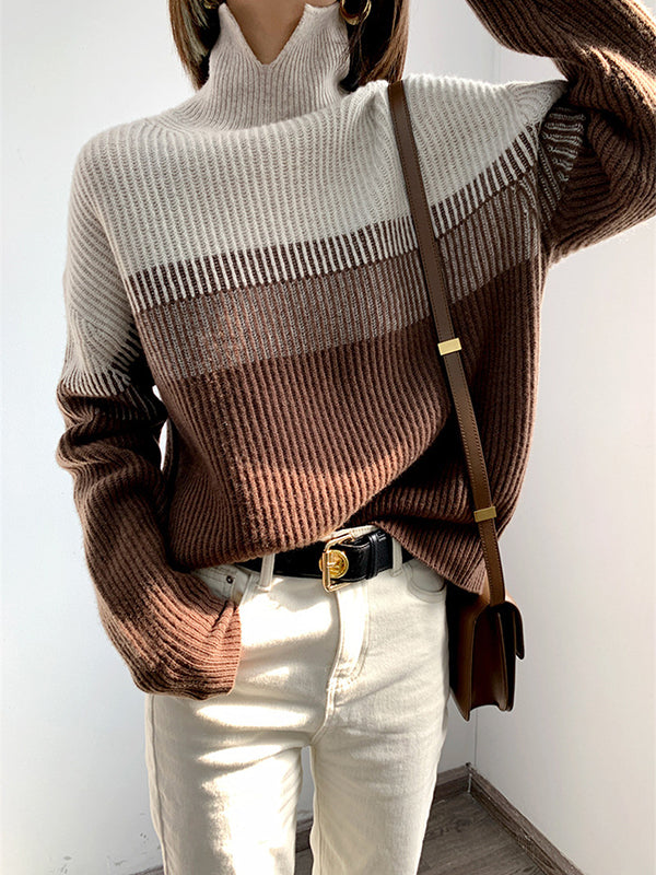 flowersverse Casual Loose Long Sleeves Striped High-Neck Sweater Tops