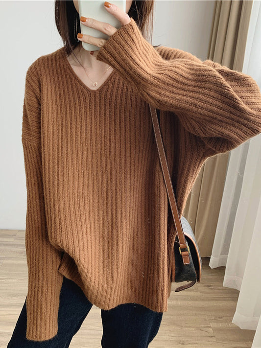 flowersverse Casual Long Sleeves Loose Solid Color V-Neck Sweater Tops