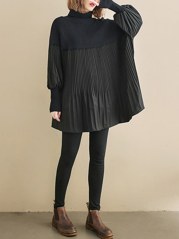 flowersverse Knitting Pleats Split-Joint High-Neck Pullover Top