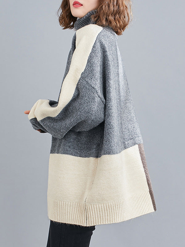 flowersverse Stylish Split-Joint High-Neck Knitting Sweater